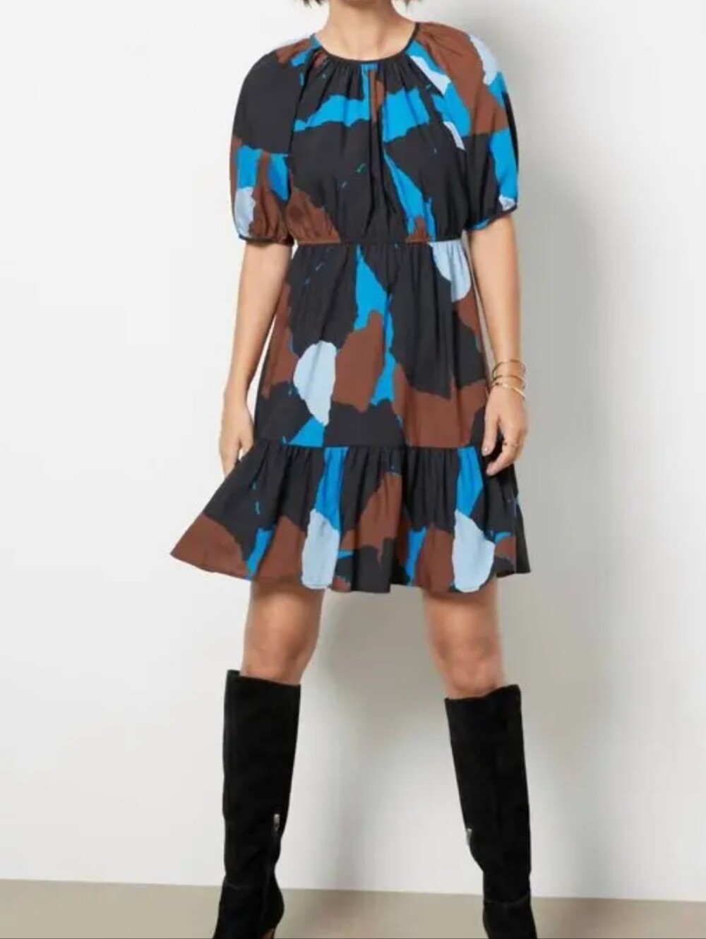 Rails Khloe Abstract Tiered Dress Size Blue Brown & Black Large Artsy